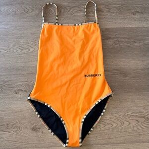 Burberry Icon Stripe Trim One Piece Women’s Bright Orange Swimsuit Size Small